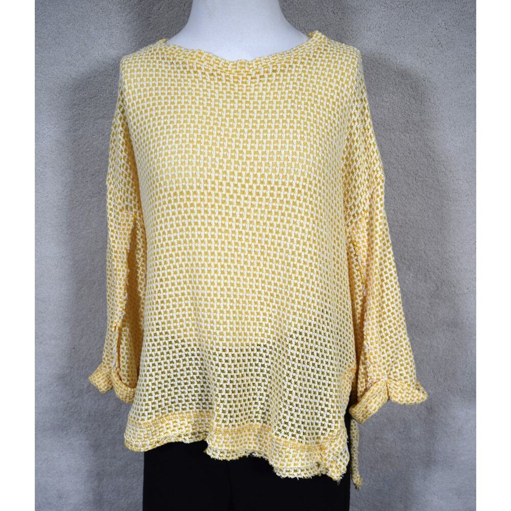 Umgee Spring Top Yellow White Textured Mesh Lagenlook Shirt Exposed Seams Sz L